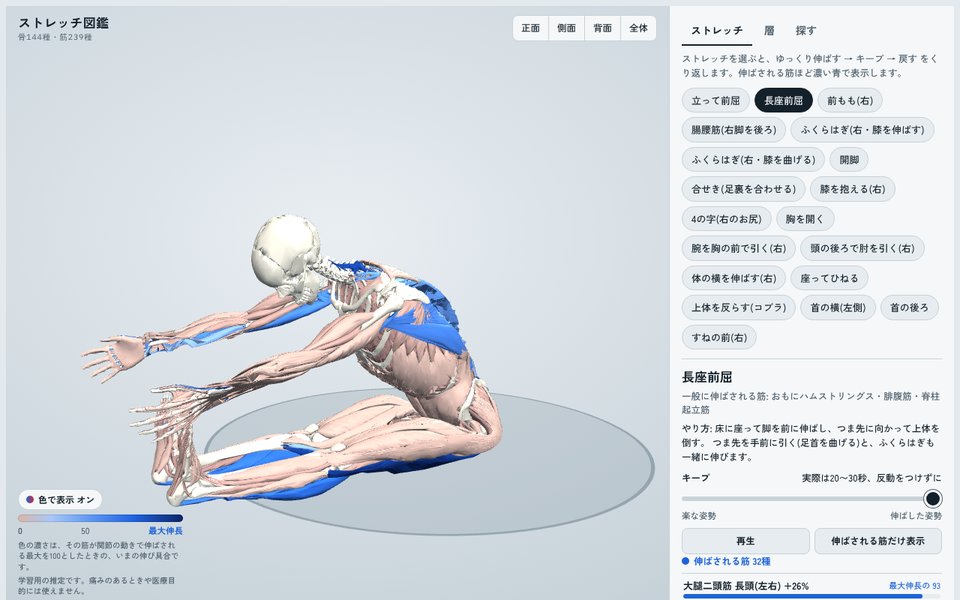 長座前屈をくり返している画面。上体を倒すにつれて、もも裏とお尻の筋の青が濃くなる